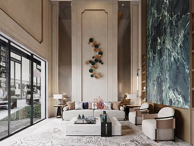 Elegant Modern Living Room Interior With Sofa Coffee Table Large Windows And Decorative Wall Art 3d model