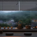 Traditional Tea Set on Wooden Shelf With Rainy Window Bamboo Blinds and Green Garden View