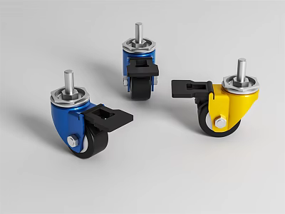 Blue And Yellow Caster Wheels With Black Rubber Tires And Metal Brackets 3d model