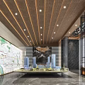Modern Sales Office Interior With Red Chairs Wooden Ceiling And Bookshelves