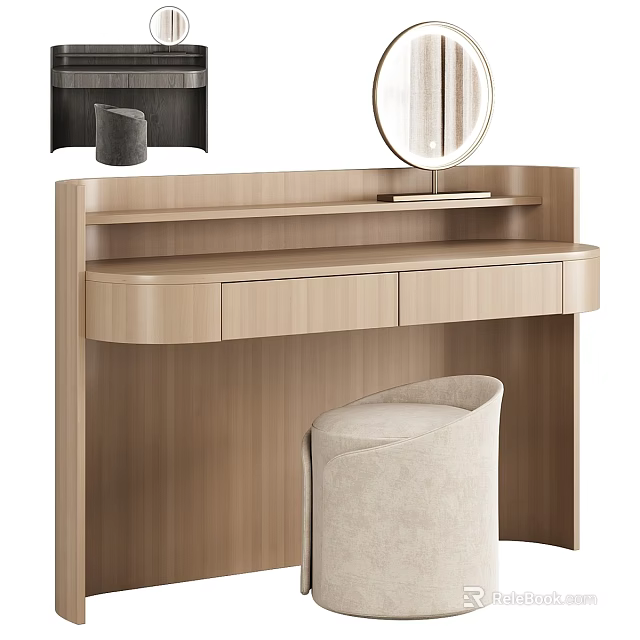 Light Wood Modern Dressing Table With Round Mirror Storage Drawers And Upholstered Stool 3d model 