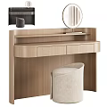 Light Wood Modern Dressing Table With Round Mirror Storage Drawers And Upholstered Stool