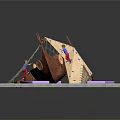 Kids Playground Structure With Ship Shaped Climbing Net Wall Red Ground And Purple Mats