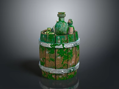 Vintage Wooden Barrel with Green Moss and White Hoops and Small Bottles on Top 3d model
