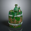 Vintage Wooden Barrel with Green Moss and White Hoops and Small Bottles on Top