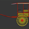 Traditional Red Rickshaw Design With Red Canopy Yellow Wheels And Wooden Frame