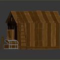 Small Wooden House with Open Door Leaning Ladder Storage Chest And Side Chair