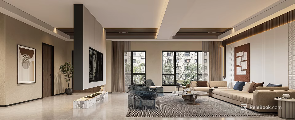 Modern Living Dining Room Interior With Large Windows Sofa Armchair And Patterned Rug 3d model