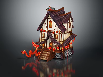 Cartoon Chinese Traditional House With Curved Roof Red Lanterns Dragon Decorations And Wooden Stairs 3d model
