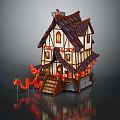 Cartoon Chinese Traditional House With Curved Roof Red Lanterns Dragon Decorations And Wooden Stairs