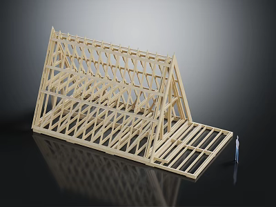 Wooden Building Frame Scale Model Showing Roof Truss And Floor Framing Structure 3d model