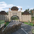 Ancient Chinese Architectural Style Gate of Qi Great Wall with City Walls Towers and Trees