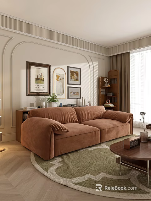 Elegant Brown Velvet Sectional Sofa in Living Room With Framed Artworks Bookshelf And Window Curtains 3d model 