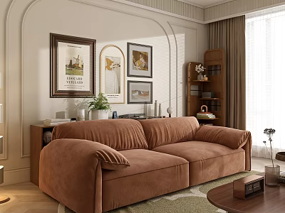 Elegant Brown Velvet Sectional Sofa in Living Room With Framed Artworks Bookshelf And Window Curtains 3d model