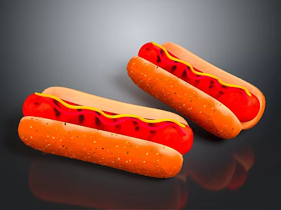Delicious Hot Dogs in Poppy Seed Buns Topped with Ketchup and Mustard 3d model