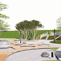 Scenic Park Landscape With Green Lawn Trees Wooden Benches Round Tables And Paved Paths