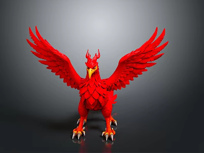 Red Phoenix With Spread Feathery Wings Yellow Beak And Sharp Claws On Dark Background 3d model