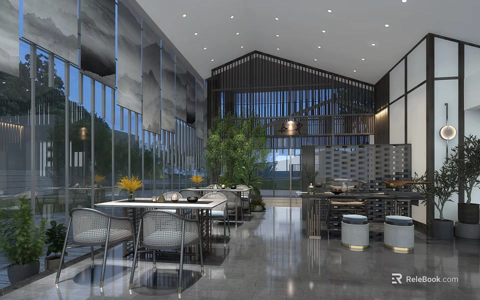 Modern Restaurant Interior With Large Windows Wooden Lattice Indoor Plants And Dining Tables 3d model 