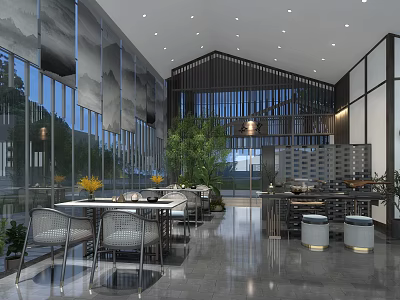 Modern Restaurant Interior With Large Windows Wooden Lattice Indoor Plants And Dining Tables 3d model
