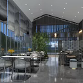 Modern Restaurant Interior With Large Windows Wooden Lattice Indoor Plants And Dining Tables