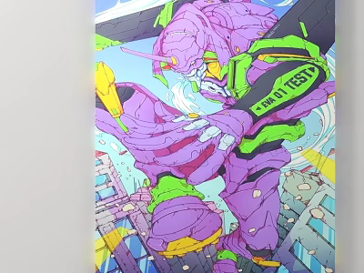 Purple And Green TEST TYPE Mech Standing In Urban City Anime Scene 3d model