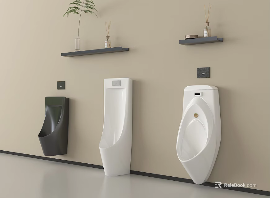 Modern Bathroom Wall Mounted Urinals in Green and White with Decorative Shelves 3d model 