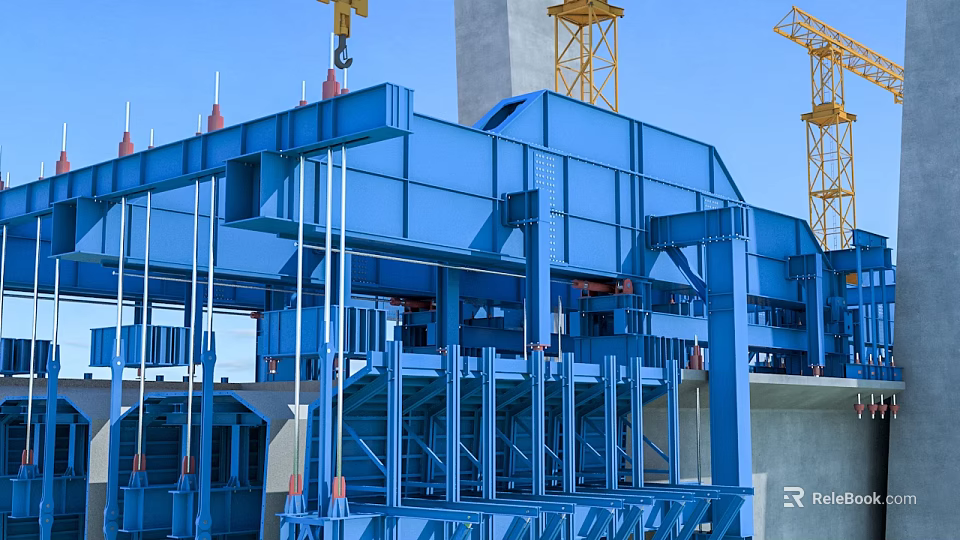 Large Blue Steel Structure Framework At Industrial Construction Site With Yellow Cranes 3d model 