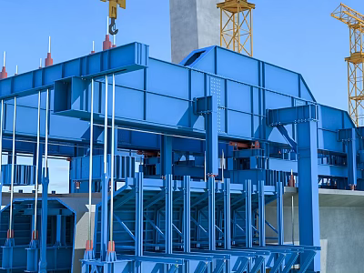 Large Blue Steel Structure Framework At Industrial Construction Site With Yellow Cranes 3d model