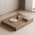 Minimalist Wooden Coffee Table With White Plate Vase And Dried Flowers On Beige Carpet