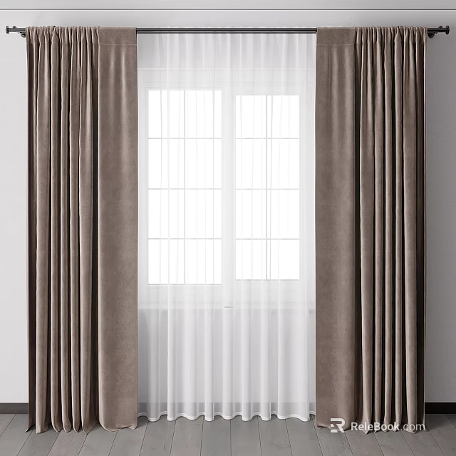 Brown Thick Curtains And White Sheer Curtains For Indoor Window With Natural Light 3d model 