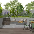 Lush Courtyard Garden Design With Stone Steps Seating Area Fire Pit And Dining Table
