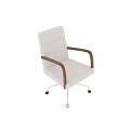 Stylish Comfortable Light Gray Fabric Office Chair With Wooden Armrests And Swivel Rolling Chrome Base