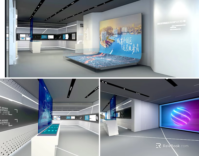 Modern Exhibition Hall Design With Digital Screens Interactive Booths And Urban Displays 3d model 