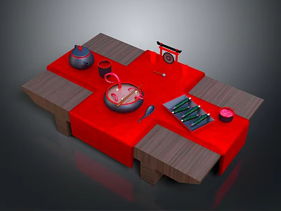 Traditional Chinese Dining Table Setup With Red Tablecloth Teapot Wok And Chopsticks 3d model