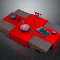 Traditional Chinese Dining Table Setup With Red Tablecloth Teapot Wok And Chopsticks