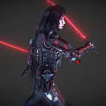 Game Movie Sci Fi Character With Long Black Hair In Armored Suit Wielding Red Lightsabers