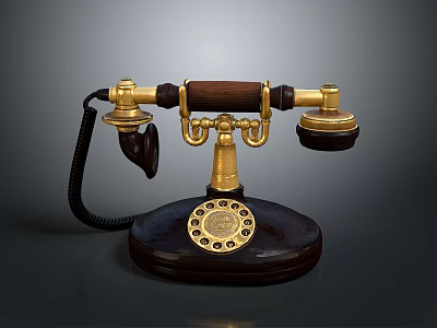 Vintage Telephone Design With Brass Accents Wooden Base And Rotary Dial 3d model
