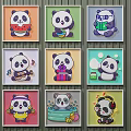 Cute Panda Cartoon Wall Decor with Colorful Frames and Diverse Activities 3d model