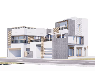 Detached Villa Modern Exterior Design With Balconies Large Windows Mixed Wood And Gray Stone Garage 3d model