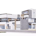 Detached Villa Modern Exterior Design With Balconies Large Windows Mixed Wood And Gray Stone Garage