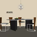 Dining Table And Chair Set With White Tabletop Black Legs Brown Backrests And Spherical Pendant 3d model