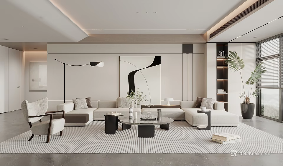 Modern Living Room Interior Design With L Shaped Sofa Striped Rug And Abstract Artwork 3d model 