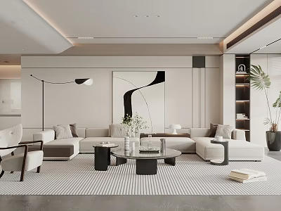 Modern Living Room Interior Design With L Shaped Sofa Striped Rug And Abstract Artwork 3d model