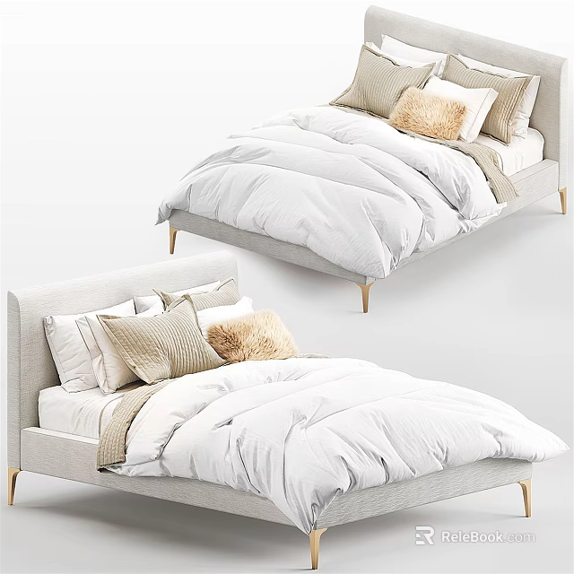 Modern Double Bed with Light Gray Headboard Gold Legs and White Comforter Pillows 3d model 