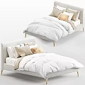Modern Double Bed with Light Gray Headboard Gold Legs and White Comforter Pillows 3d model