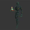 Futuristic Black Robot Holding Tray With Pink Bottle And Transparent Cup