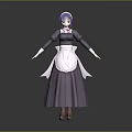 Female Game Movie Character 3D Model With Purple Hair in Maid Outfit and White Apron