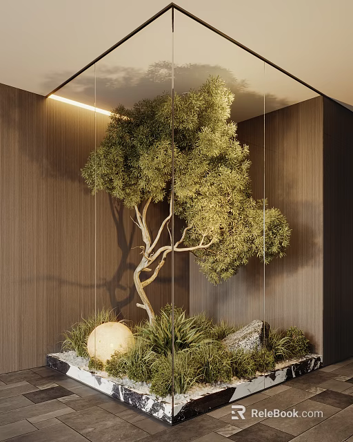 Indoor Landscape With Lush Artificial Tree Wooden Wall Green Plants Round Decorative Ball And Stones 3d model 