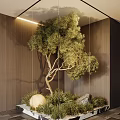 Indoor Landscape With Lush Artificial Tree Wooden Wall Green Plants Round Decorative Ball And Stones