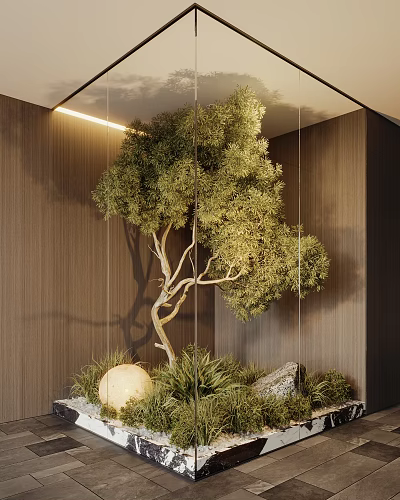 Indoor Landscape With Lush Artificial Tree Wooden Wall Green Plants Round Decorative Ball And Stones 3d model